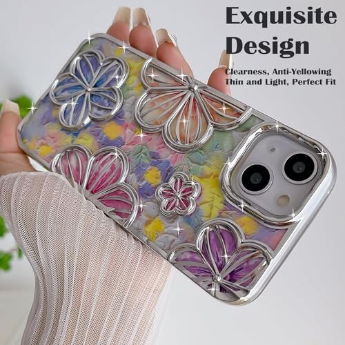 Image of mobistyle Designed for iPhone 14 Plus Cover| Electroplating Bling Colourful Floral 3D TPU Camera Protection Back Cover Case for Girls & Women (Silver Electroplating Flowers)