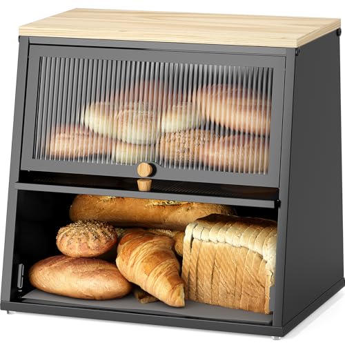 Urackify Large Bread Bin for Kitchen Storage - Black Bread Box | Bread Storage Containers | Breadbin with Striped Window, Wood Handle & Removable Layers | Biscuits & Pantry Items