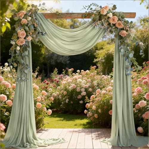 Image of Sage Green Wedding Glitter Arch Draping Fabric 29 inch x 6.5 Yards 2 Panels Sheer Backdrop Curtains Drapery for Summer Wedding Ceremony Birthday Party Indoor Ceiling Decor