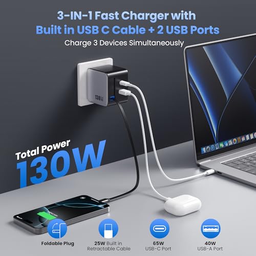 Image of 130W USB C Wall Charger,GaN III 3-Port Fast Charging Station,PD QC Foldable Charger Block Portable 65W USB C Laptop Adapter for MacBook Pro /Air,iPad Pro,Galaxy S23,Dell XPS,iPhone 16
