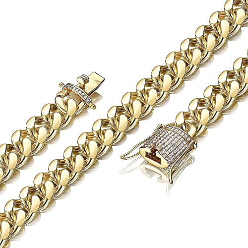 JeweBelle 12MM Large Collier Homme Hip Hop Chaîne Gourmette Grosse 18K Plaqué Or Iced Out Miami Collier pour Hommes Garçon Classique Punk Rock Bijoux Cadeaux 51/61CM