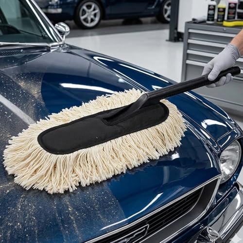 Image of Porslin Premium Car Duster Wax Treated Cotton Brush for Car Cleaning, Scratch-Free Dust Remover with Foldable Long Handle, Washable & Reusable, Multi-Purpose for Car, Bike & Home Use