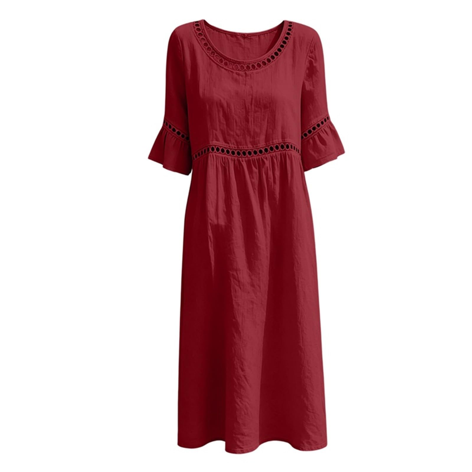 Sommerkleid Damen Lang Boho Elegant 3/4 Ärmel Lochstickerei Musselin Locker Boho Kleid Sommer Strandkleid Elegant Baumwolle Leinenkleid A-Linie Hohe Taille Maxikleid Leicht und Luftig Freizeitkleid