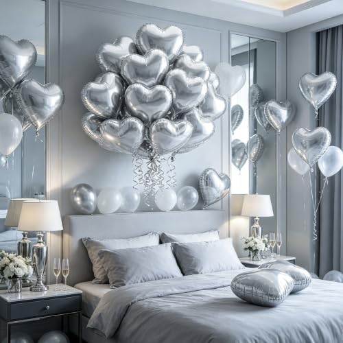 Image of 36 Pcs Silver Heart Balloons,18 Inch Heart Foil Balloons Valentine Balloon for Wedding Engagement Party Valentine Day Decorations