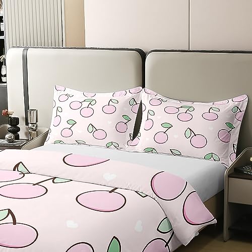 Homewish Pink Cherry 100% Cotton Duvet Cover Single,Kawaii Summer Tropical Fruits Bedding Set,Cartoon Cute Cherries Comforter Cover,Farmhouse Rustic Bed Sets with 1 Pillowcase Bedroom Decor Soft - Image 4