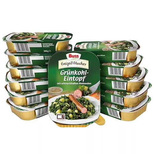 Buss Freizeitmacher Traditioneller Grünkohl Eintopf mit Kartoffeln und Mettenden - Fertiggerichte zum Aufwärmen in Mikrowelle & Topf - Schnell & Einfach Zubereitet - 12 x 300g