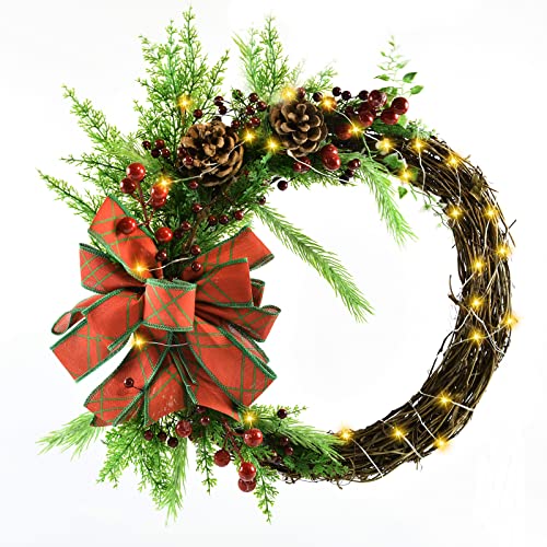 Weihnachtskranz 33 cm mit 30 LED vorbeleuchtetes Licht dekoriert Cluster Holz batteriebetrieben Weihnachtskranz für Fenster Tür Wand Heimdekoration Cover