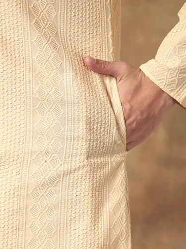 Image of Men's Solid Regular Fit Ethnic Wear White Kurta Pajama Set with Front Pocket