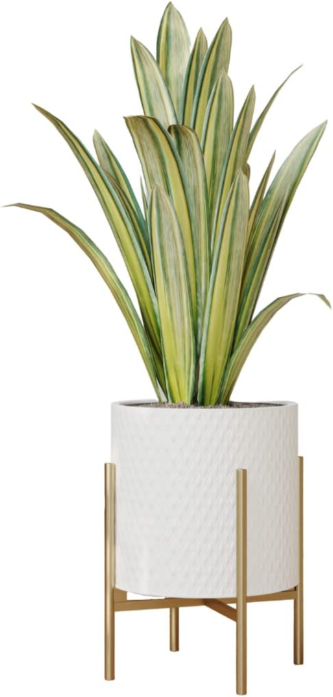 Claire Mid-Century Modern White Planter and Stand, Indoor Plant Pot, SelectBase, Minimalist Aesthetic, Home Decor for Plants - (Gold Base, Medium)