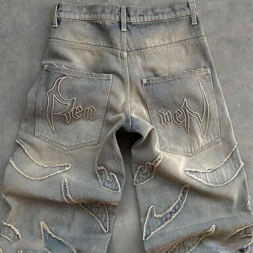 Men's Loose Casual Pants American y2k Retro Harajuku Style bat Pattern Embroidered Jeans Fashionable Streetwear4