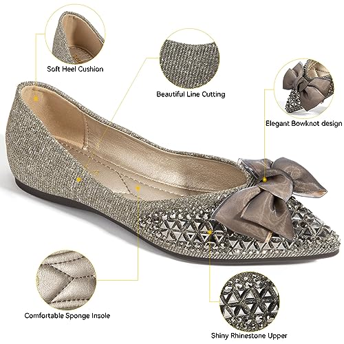Zelaprox Women's Flats Shoes Rhinestone Pointed Toe Comfort Dressy Flat Silver Bowknot Casual Ballet Shoes2