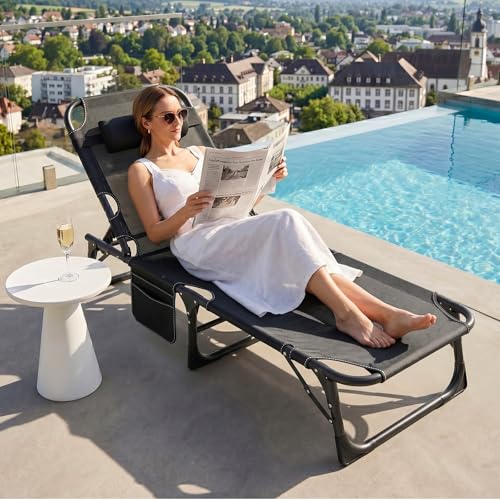 Image of ABORON 3-in-1 Folding Patio Lounge Chair, 440LB Heavy-Duty Tri-Fold Guest Bed with Plush Cotton Cushion, No Assembly Adjustable Recliner for Office Nap, Patio Sunbathing, Poolside & Camping
