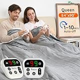 Mia&Coco Heated Blanket Queen Size -84'x90' Dual Control Flannel Electric Blanket,10 Heat Levels,10-Hour Auto-Off,Fast Heating,Overheat Protection, Soft Heating Blanket for Home and Office (Gray)