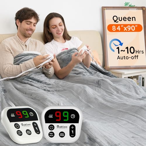 Mia&Coco Heated Blanket Queen Size -84"x90" Dual Control Flannel Electric Blanket,10 Heat Levels,10-Hour Auto-Off,Fast Heating,Overheat Protection, Soft Heating Blanket for Home and Office (Gray)