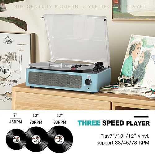 Image of Vinyl Record Player with Speakers New Sleek Sky Blue Turntable Wireless Receiver Bluetooth Playback 3 Speed 3 Size AUX-in RCA Line Auto Stop All-in-one LP Phonograph for Beginner Classic Blue