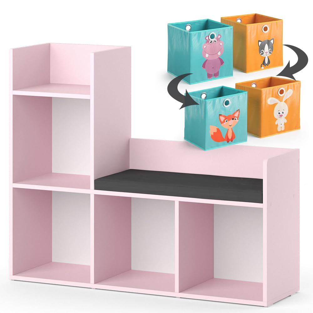 Vicco Libreria bambini Luigi, rosa, 107.2 x 88.6 cm con 2 scatole pieghevoli (colorate), con seduta imbottita e quattro ripiani aperti