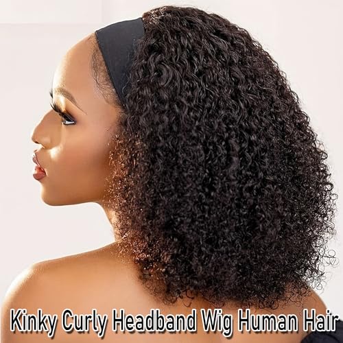 Image of Kinky Curly Headband Wigs Curly Headband Wig Human Hair for Black Women 150% Density Headband Wig Human Hair Glueless None Lace Front Wigs Headband Half Wigs Natural Color 20Inch