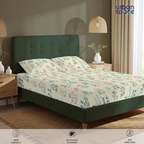 Image of Urban Space Serene 100% Cotton King Size Bedsheet, 200 TC Super Soft Bed Sheet for King Size Bed, Floral Design Flatsheet King bedsheet with Two Pillow Covers (108 x 108 Inches, Eden Cream)