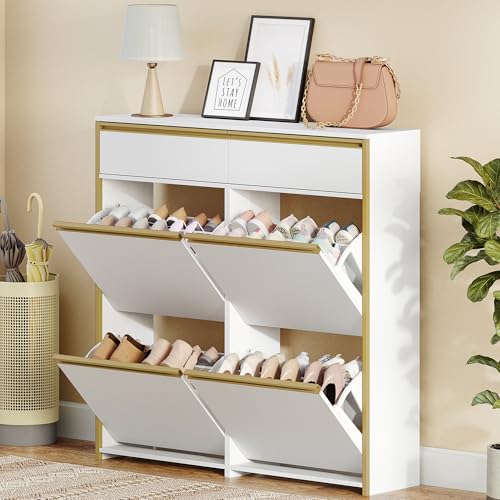 HEXCELEN Meuble à Chaussures Étroit avec 4 Battants, Étagère à Chaussures avec Tiroir, Meuble à Chaussure, Séparateur Réglables, 16 à 24 Paires, pour...