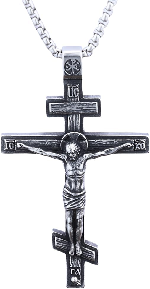 Eastern Orthodox Cross Necklace, Jesus Crucifix Pendant, Stainless Steel Christian Jewelry for Men Women