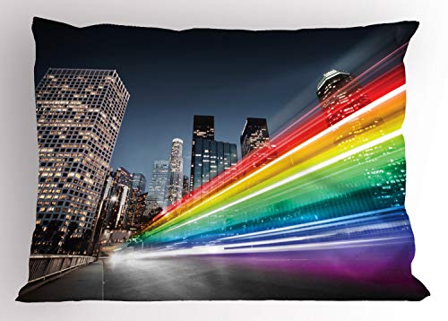 Ambesonne City Pillow Sham, Colorful Rainbow Style Blurred Trails in Los Angeles Modern Architecture, Decorative Standard King Size Printed Pillowcase, 36" X 20", Multicolor