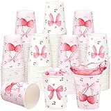 Jingmore 100 Count Cherry Bow Paper Cups Pink Coquette 9 oz Disposable Hot/Cold Beverage Drinking Cups for Girls Cherry and Bows Birthday Baby Shower Bachelorette Weddings Party Supplies
