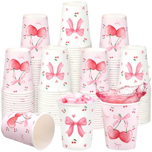 Jingmore 100 Count Cherry Bow Paper Cups Pink Coquette 9 oz Disposable Hot/Cold Beverage Drinking Cups for Girls Cherry and Bows Birthday Baby Shower Bachelorette Weddings Party Supplies