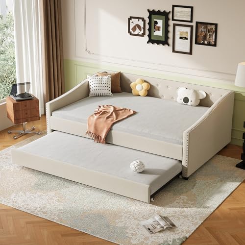 FAVSH Full Size Upholstered Daybed with Trundle,Tufted Day Bed w/Button on Back and Piping on Waved Shape Arms for Bedroom Guest Room, No Box Spring Needed,Beige