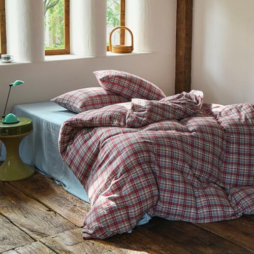 Image of EAVD Vintage Style Red&Blue Gingham Duvet Cover King Soft 100% Cotton Muslin Yarn-Dyed Textured Retro Grid Plaid Bedding Set Reversible British-Style Gingham Bedding Set with Zipper Closure