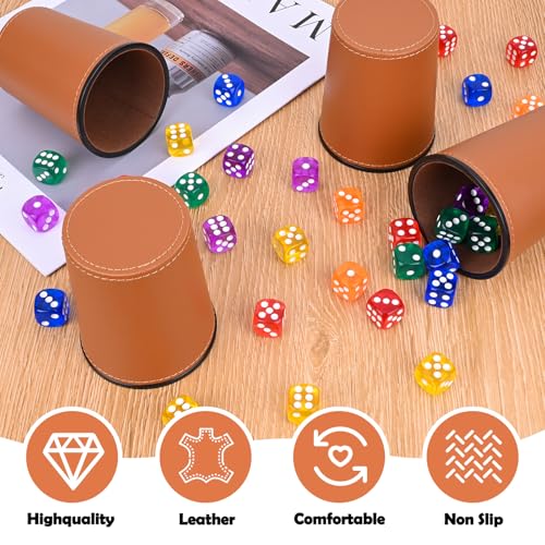 Biamaleu Würfelbecher Leder, 6 Schocken Set﻿ mit 36 Würfeln(16 mm), Würfelbecher mit Würfeln, Würfelbecher Set für Erwachsene Bar-Party Würfelspiele (Braun)