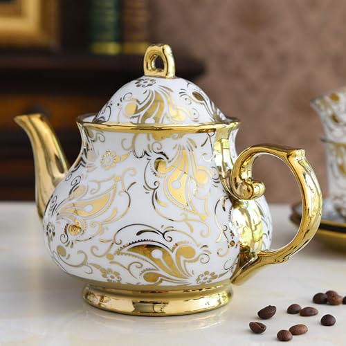 Ceramiczny zestaw filiżanek do kawy, 16-częściowy zestaw do herbaty ze złotą naklejką, zawiera czajniczek, kubki, spodki i cukiernicę na popołudniową herbatę i kawę