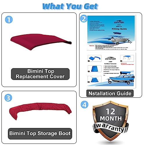 Seapisode 4 Bow Marine Grade Fade And Crack Resistant Bimini Top Replacement Cover, Heavy-Duty Waterproof And Uv-Proof Boat Canopy, Easy Install Zipper Sleeves Boat Awning/Without Frame,Burgundy #TOP6