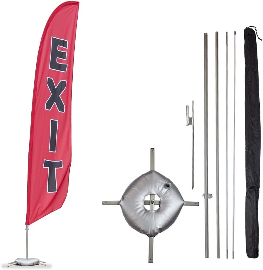Vispronet Exit Feather Flag Kits - 13.5ft Flag Complete Pole Set, Ground Stake, Cross Base and Weight Bag – Great For Businesses, Storefronts, Sales - Printed in The USA