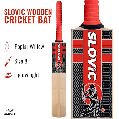 Image of Slovic Cricket Bat [Size 8] | Full Size Wooden Tennis Bat for Cricket | Poplar Willow Cricket Bats for Kids & Adults | Ideal for Indoor & Outdoor | Lightweight Bats Practice for Cricket kit