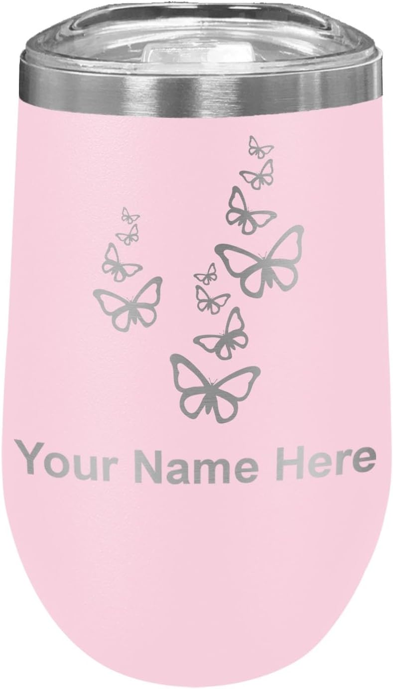 LaserGram 16oz Double Wall Stainless Steel Wine Glass Tumbler, Butterflies, Personalized Engraving Included (Black)