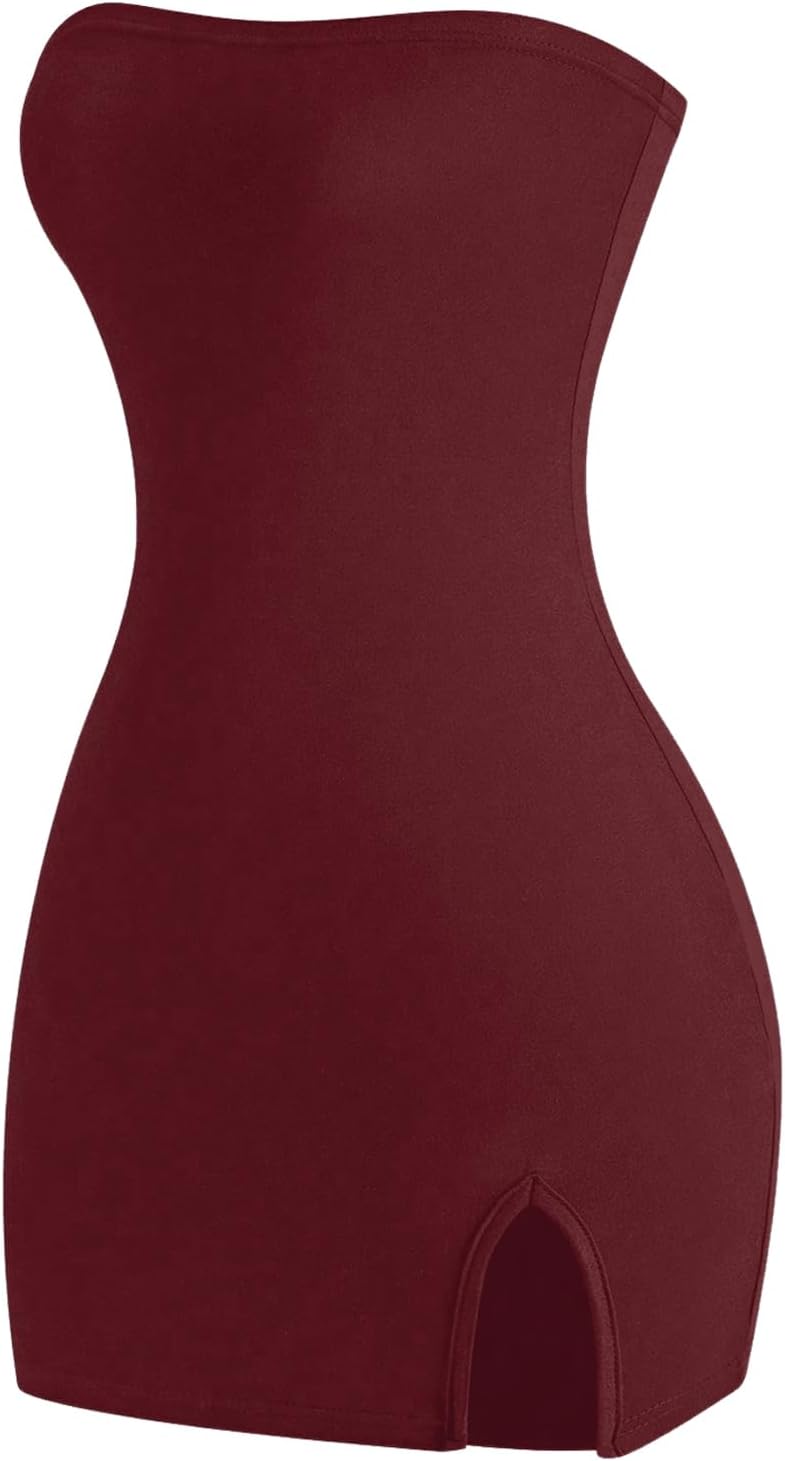MakeMeChic Women's Tube Top Dress Y2K Split Bodycon Strapless Party Mini Dresses Concert Outfit
