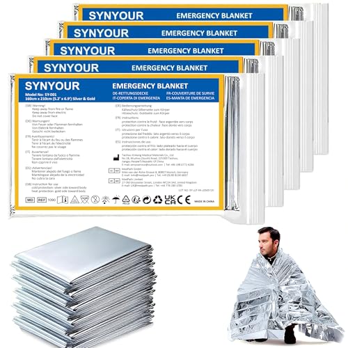 SYNYOUR - SYNYOUR Foil Blankets 5 PCS, Emergency Blanket Silver, Survival Blanket 160 x 210 cm, Thermal Blanket for First Aid Outdoors Hiking Marathons, Reflective, Space Blanket