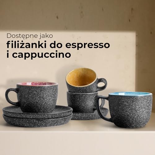 MIAMIO – 80 ml ceramiczne składane filiżanki do espresso z spodkami i metalowym stojakiem, zestaw 6 filiżanek do espresso, filiżanki demitasses, kubki do kawy na espresso, latte, café mocha i herbatę