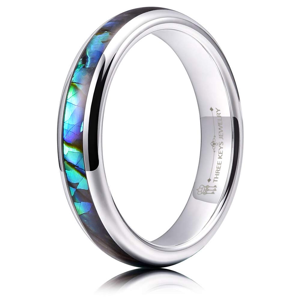 THREE KEYS JEWELRYAbalone Shell Inlay Tungsten Rings 4mm 6mm 8mm Womens Mens Silver Wedding Band/Customized Ring
