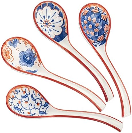 Asian Ceramic Soup Spoons Japanese - Soup Spoons with Long Curved Handle for Ramen Noodles,Dumpling,Rice(4 Pcs)