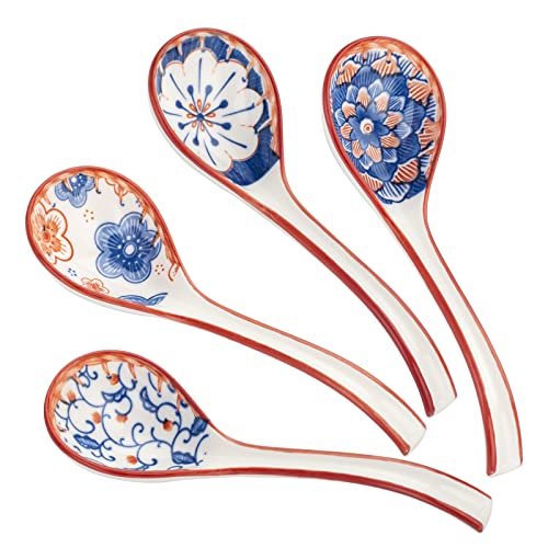 Asian Ceramic Soup Spoons Japanese - Soup Spoons With Long Curved Handle For Ramen Noodles,Dumpling,Rice(4 Pcs) #TOP26