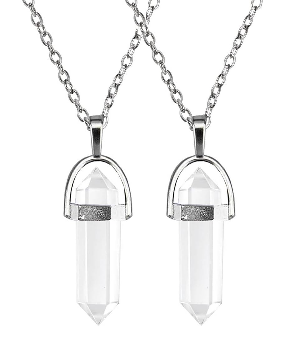 (Pack Of 2 Pcs) White Glass Healing Crystal Hexagonal Point Prism Pencil Shape Locket Pendant Necklace With Clavicle Chain For Girl's & Women-image-6