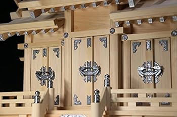 やまこう 神棚 三社 セット 屋根違い ■ 銀風三社 鳥居 神幕 鳳凰棚板 神具セット付き 神棚セット ■ お社本体サイズ (cm) 高さ38 幅51  奥行20