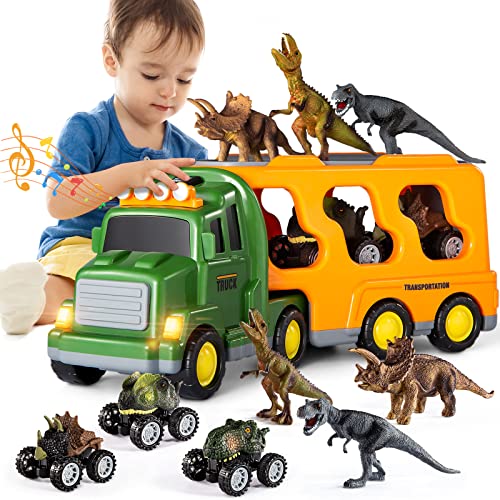 Temi Dinosaurs & Truck Toys For Kids 3-5 Years, Transport Car With 3 Dino Figures & 3 Monster Cars, Friction Toy Vehicle In Carrier Truck With Light & Sound, Toddler Play Gift Set For 2 3 4 6 Years #TOP2