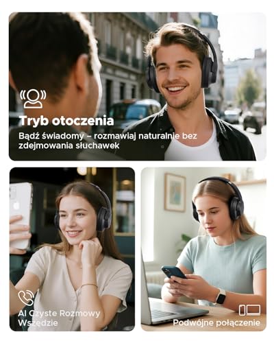 Truefree HF-10 nauszne słuchawki Bluetooth ze sterownikiem 40 mm, ANC -45 dB, dźwięk przestrzenny, akumulator 125 h, mikrofon AI, aplikacja, tryb gier, składany, USB-C, AUX, zestaw słuchawkowy z