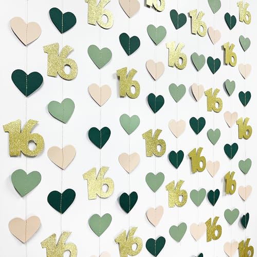 Image of Sage Green Gold 16th Birthday Decorations Sage Green Gold Heart Garland Streamer Banner Backdrop for Girls Happy 16th Birthday Sweet 16 Decorations Cheers to 16 Years Old Anniversary Party Supplies