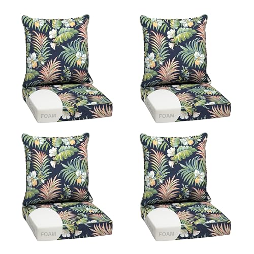 Image of Arden Outdoor Foam Deep Seat Cushion Set, 4-Pack, 24x24, Premium High-Density Foam, Never Flattens, Weather-Proof for Patio Chair Sofa Couch, Simone Blue Tropical