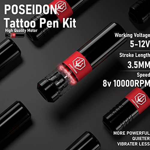 Tattoo Kit, POSEIDON Rotary Tattoo Pen Kit for Beginners, Wireless Tattoo Machine Kit with Power Supply and 40 Pcs Tattoo Cartridge Needles, Tattoo Gun with for Artists(TK023)