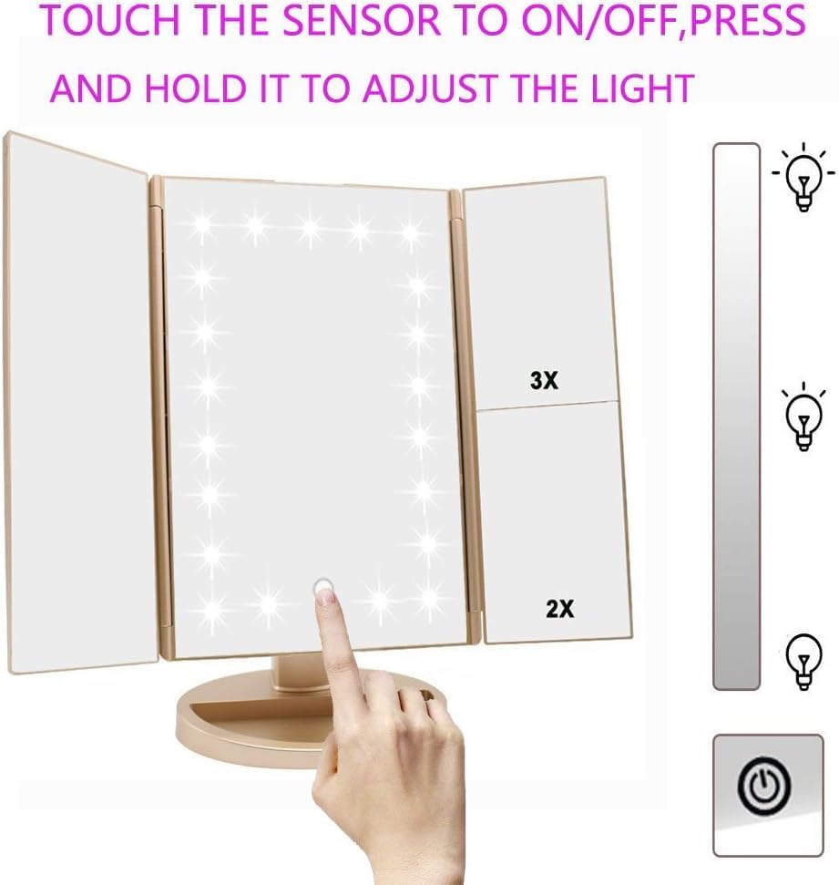 Tri-fold Lighted Vanity Makeup Mirror with 3x/2x/1x Magnification, 21Leds Light and Touch Screen,180 Degree Free Rotation Countertop Cosmetic Mirror,Travel Makeup Mirror (Gold) - Image 5