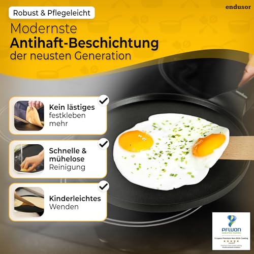 Crepe Pfanne Induktion 26cm mit 3-facher Antihaftbeschichtung inkl. Spatel & Verteiler aus deutschem Buchenholz - Pfannkuchenpfanne für ALLE Herdarten - Flache Crepes Pfanne ohne PFOA + PFOS – Bild 5